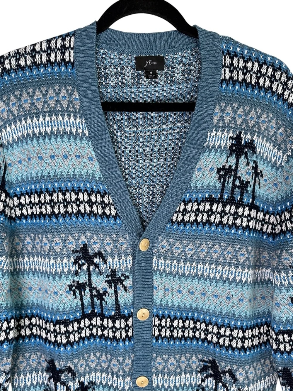 J. CREW Palm Tree Fair Isle Cardigan Blue Linen Cotton Coastal Beach Knit Size M